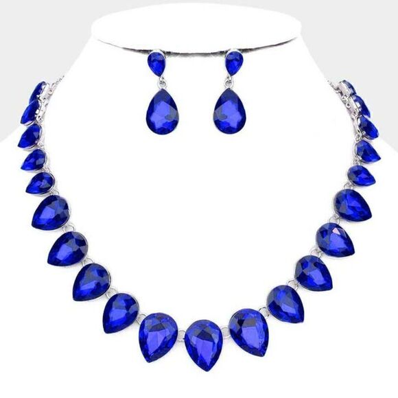 Teardrop Blue Crystal Silver Evening Necklace Set - Picture 1 of 6